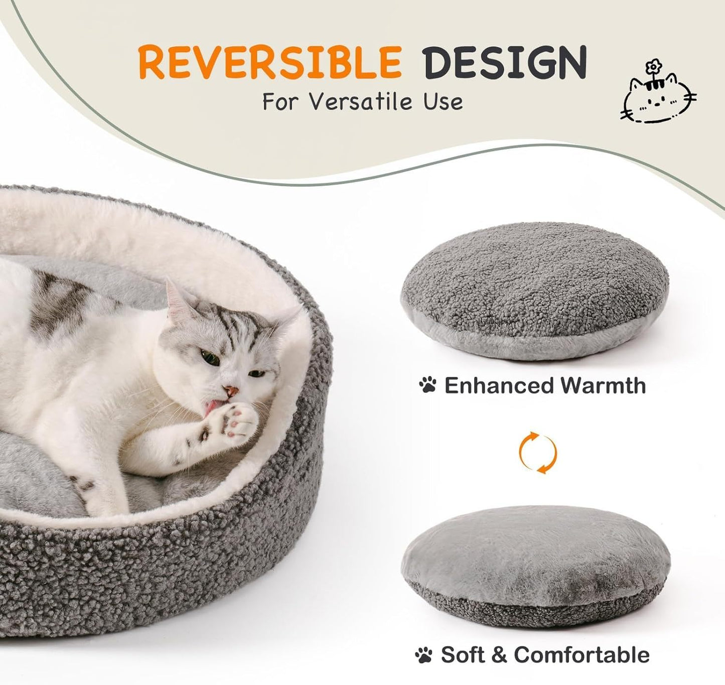 Mewoo Plush Round Pet Bed – Washable Orthopedic Dog & Cat Bed for Puppies and Kittens, 23" Grey