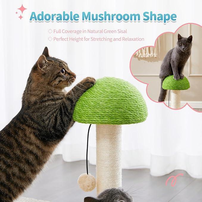 2-in-1 Mushroom Cat Scratching Post with Sisal Rope and Wooden Ball Track Toy