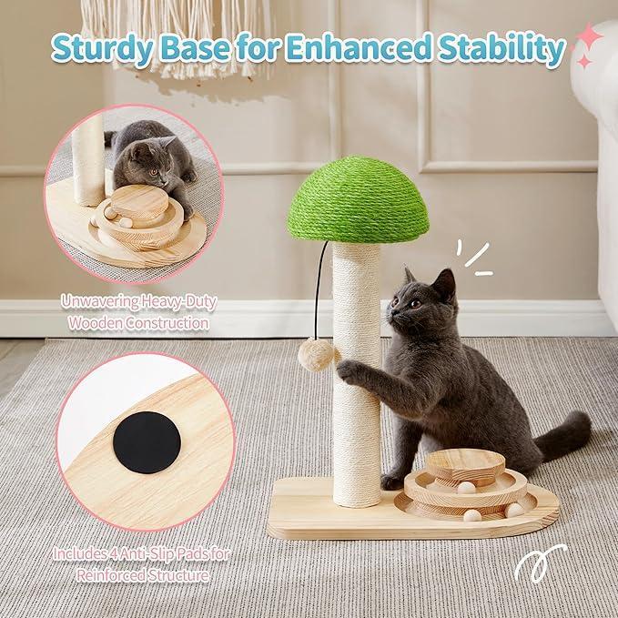 2-in-1 Mushroom Cat Scratching Post with Sisal Rope and Wooden Ball Track Toy