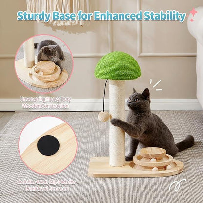 2-in-1 Mushroom Cat Scratching Post with Sisal Rope and Wooden Ball Track Toy