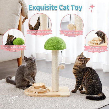 2-in-1 Mushroom Cat Scratching Post with Sisal Rope and Wooden Ball Track Toy