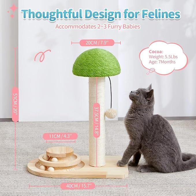 2-in-1 Mushroom Cat Scratching Post with Sisal Rope and Wooden Ball Track Toy