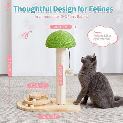 2-in-1 Mushroom Cat Scratching Post with Sisal Rope and Wooden Ball Track Toy