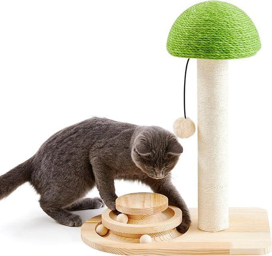 2-in-1 Mushroom Cat Scratching Post with Sisal Rope and Wooden Ball Track Toy
