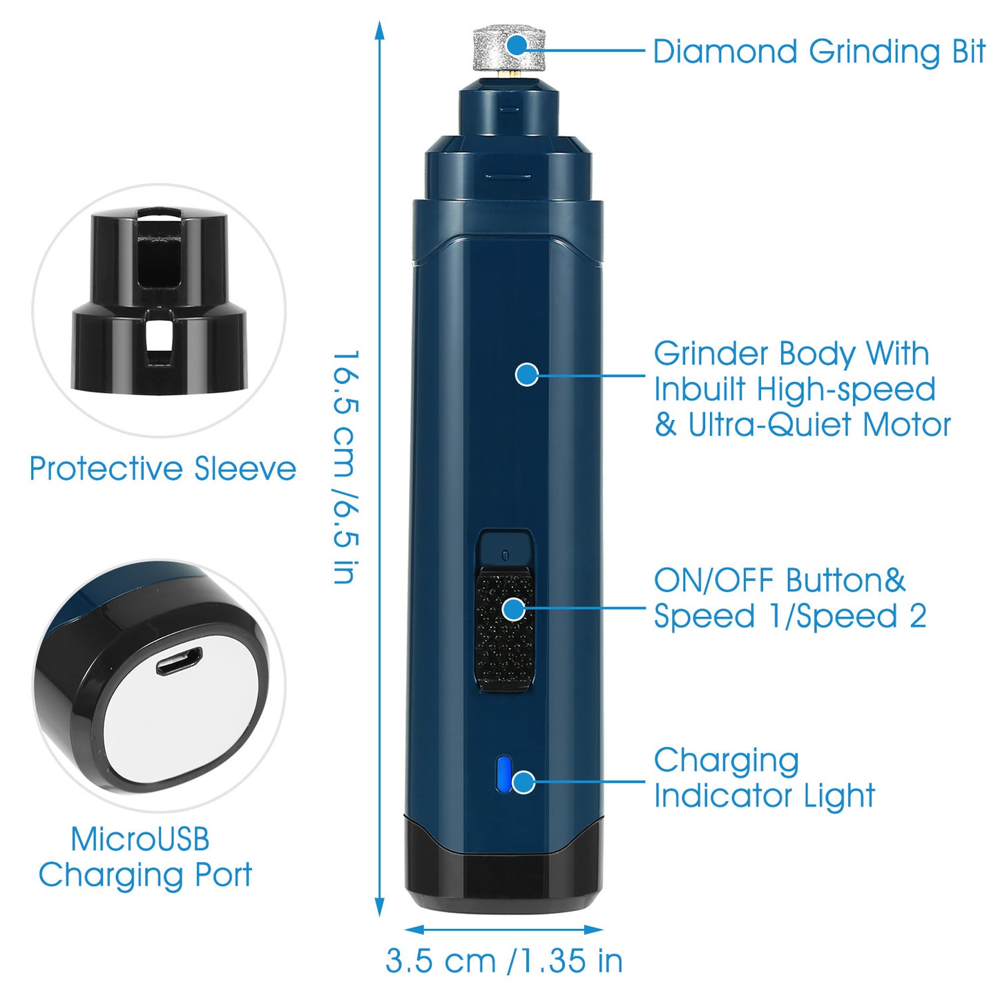 2-Speed Dog Nail Grinder – Quiet USB Rechargeable Cordless Pet Nail Trimmer for Dogs & Cats