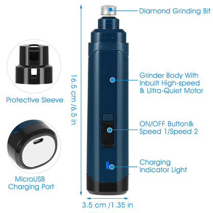 2-Speed Dog Nail Grinder – Quiet USB Rechargeable Cordless Pet Nail Trimmer for Dogs & Cats