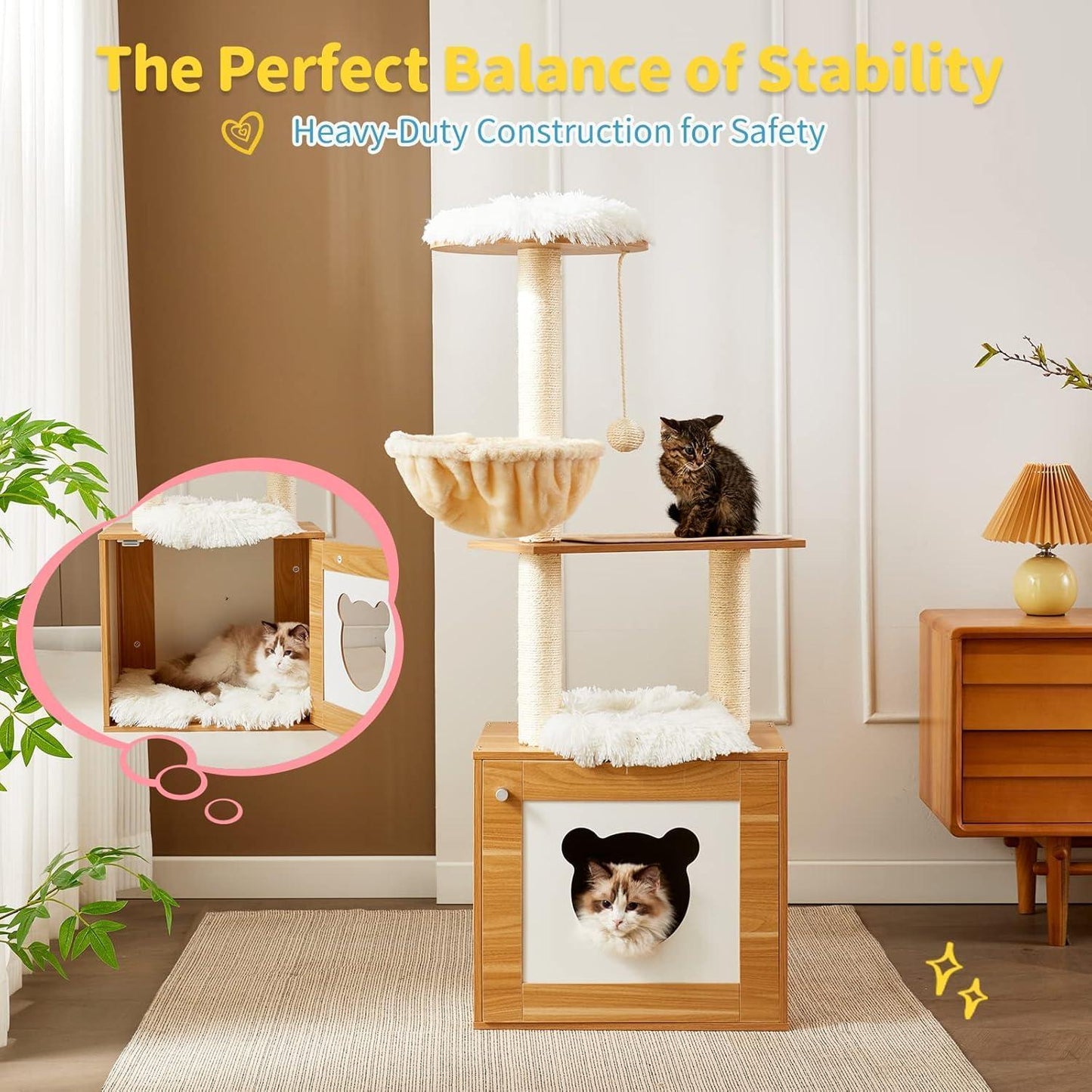 Solid Wood Cat Tree & Tower – Indoor Cat Furniture with Litter Box, Scratching Board & Hammock for Large Cats