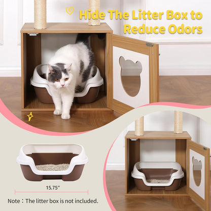 Solid Wood Cat Tree & Tower – Indoor Cat Furniture with Litter Box, Scratching Board & Hammock for Large Cats