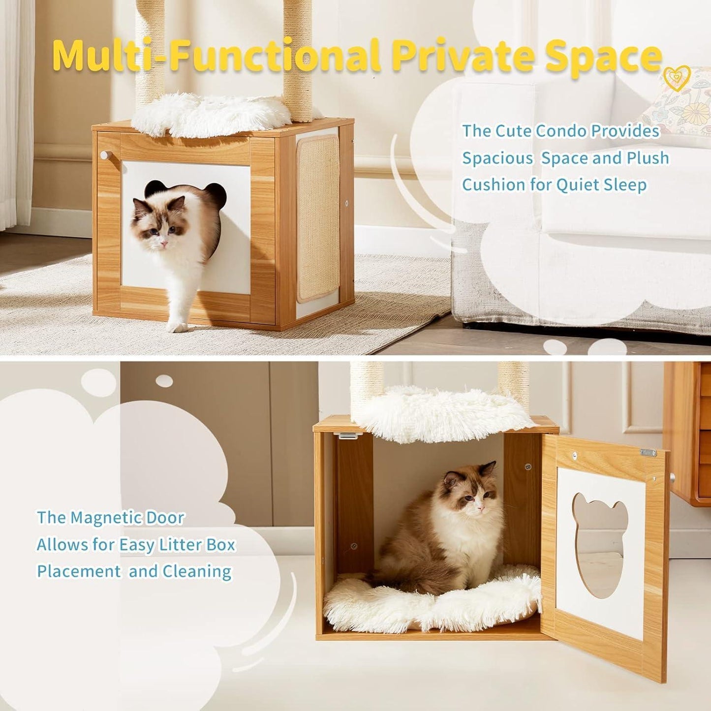 Solid Wood Cat Tree & Tower – Indoor Cat Furniture with Litter Box, Scratching Board & Hammock for Large Cats