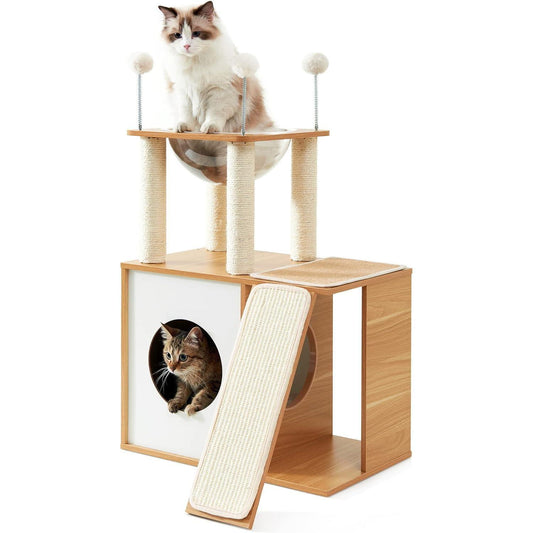 Indoor Wooden Cat Climbing Frame – Cat Tower & House with Scratching Board Ramp, Suitable for Large Cats & Kittens