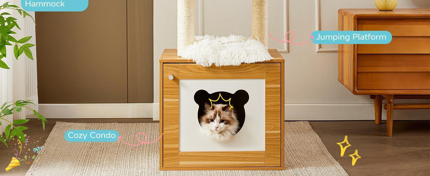 Solid Wood Cat Tree & Tower – Indoor Cat Furniture with Litter Box, Scratching Board & Hammock for Large Cats