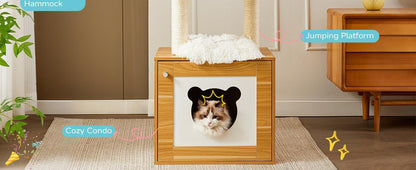 Solid Wood Cat Tree & Tower – Indoor Cat Furniture with Litter Box, Scratching Board & Hammock for Large Cats
