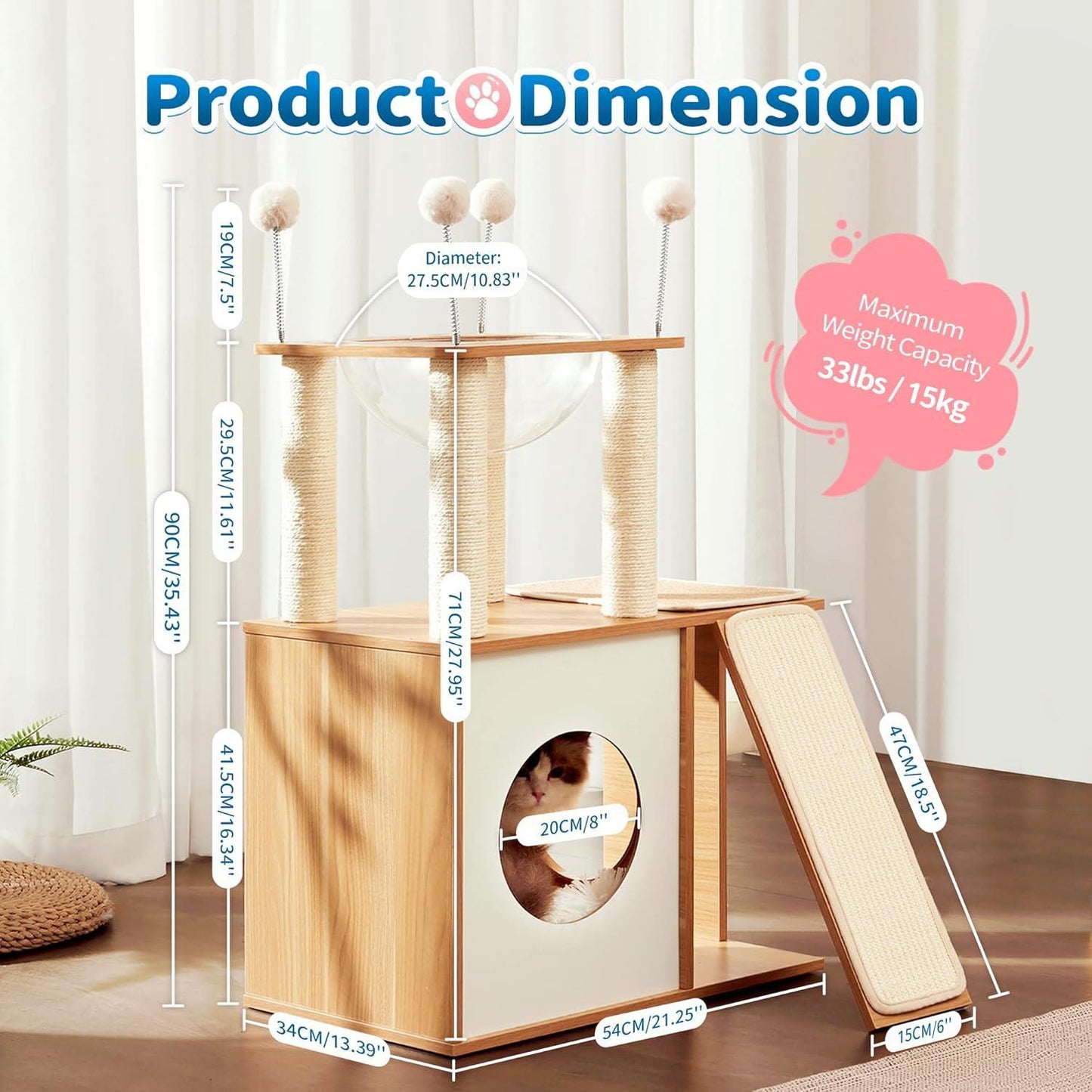 Indoor Wooden Cat Climbing Frame – Cat Tower & House with Scratching Board Ramp, Suitable for Large Cats & Kittens