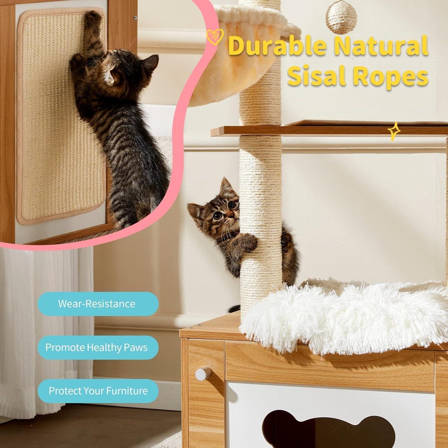Solid Wood Cat Tree & Tower – Indoor Cat Furniture with Litter Box, Scratching Board & Hammock for Large Cats