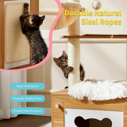 Solid Wood Cat Tree & Tower – Indoor Cat Furniture with Litter Box, Scratching Board & Hammock for Large Cats
