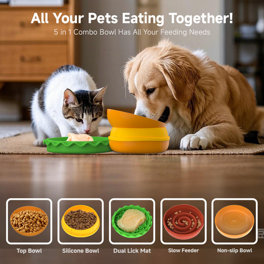 5-in-1 Pet Bowl Set – Multi-Layer Cat & Dog Food and Water Bowls with Fun Hamburger Design