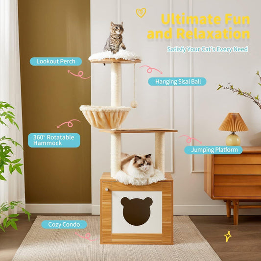 Solid Wood Cat Tree & Tower – Indoor Cat Furniture with Litter Box, Scratching Board & Hammock for Large Cats