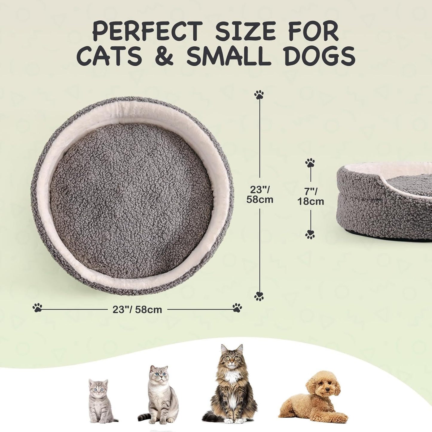Mewoo Plush Round Pet Bed – Washable Orthopedic Dog & Cat Bed for Puppies and Kittens, 23" Grey