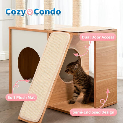 Indoor Wooden Cat Climbing Frame – Cat Tower & House with Scratching Board Ramp, Suitable for Large Cats & Kittens