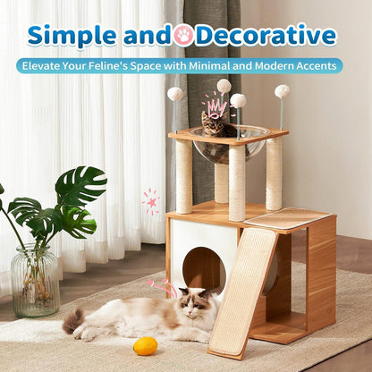 Indoor Wooden Cat Climbing Frame – Cat Tower & House with Scratching Board Ramp, Suitable for Large Cats & Kittens