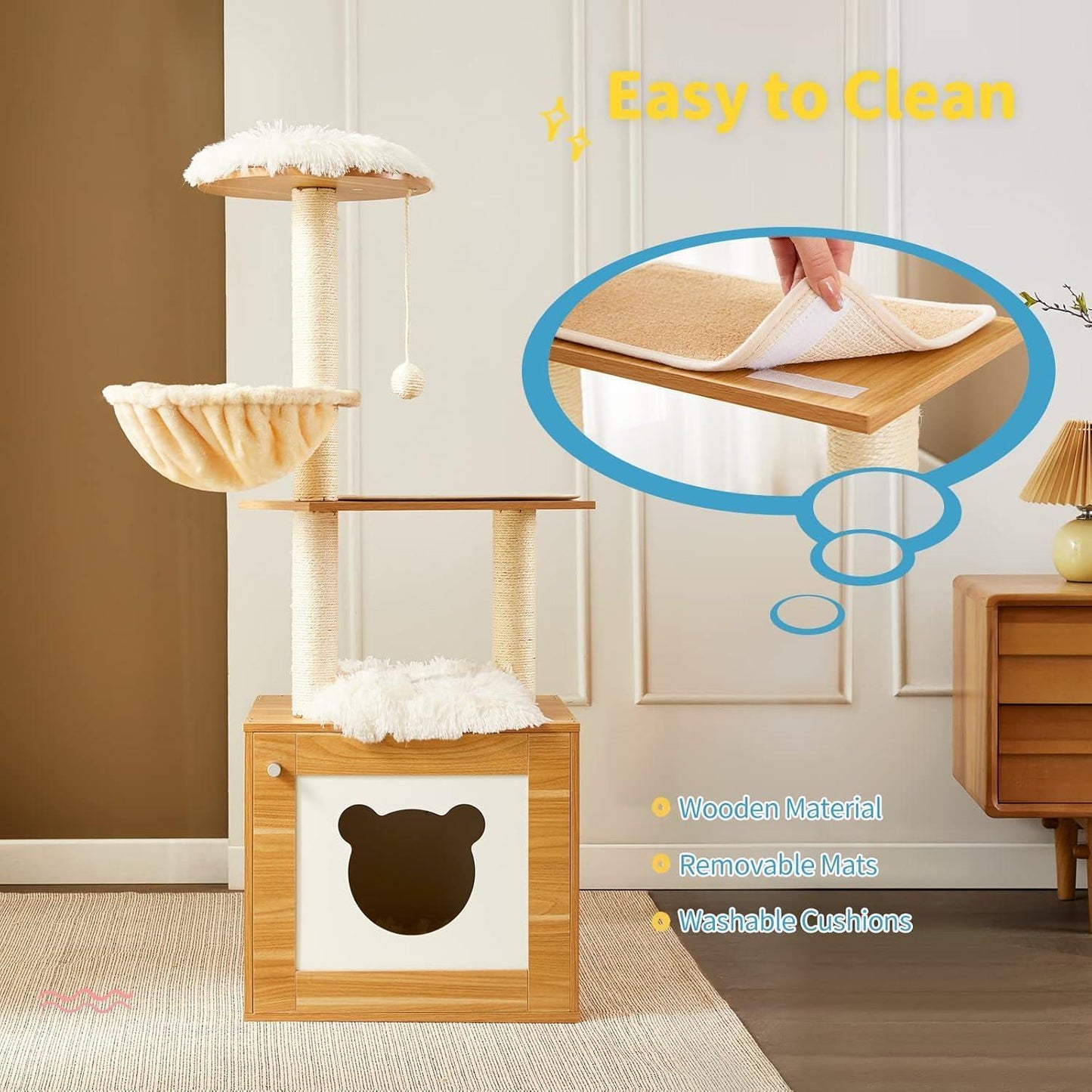 Solid Wood Cat Tree & Tower – Indoor Cat Furniture with Litter Box, Scratching Board & Hammock for Large Cats