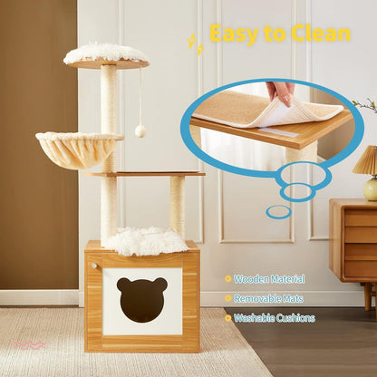 Solid Wood Cat Tree & Tower – Indoor Cat Furniture with Litter Box, Scratching Board & Hammock for Large Cats
