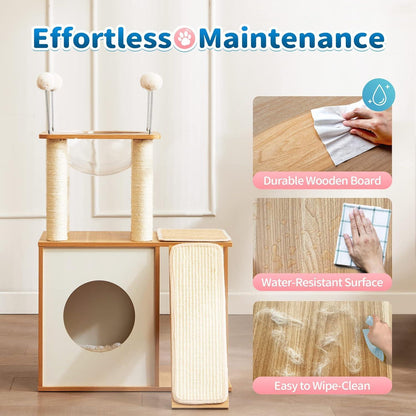 Indoor Wooden Cat Climbing Frame – Cat Tower & House with Scratching Board Ramp, Suitable for Large Cats & Kittens