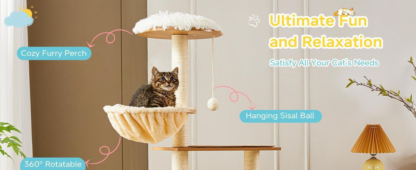 Solid Wood Cat Tree & Tower – Indoor Cat Furniture with Litter Box, Scratching Board & Hammock for Large Cats